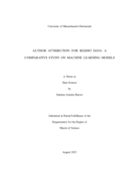 Author attribution for Reddit data: a comparative study on machine learning models : a thesis in Data Science